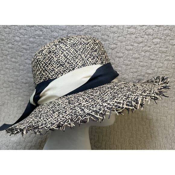 Brenda Lynn Black Beige Wide Brim Straw Hat OS Ribbon Trim Fringe